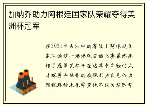 加纳乔助力阿根廷国家队荣耀夺得美洲杯冠军 加纳乔助力阿根廷国家队荣耀夺得美洲杯冠军