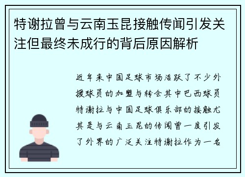 特谢拉曾与云南玉昆接触传闻引发关注但最终未成行的背后原因解析